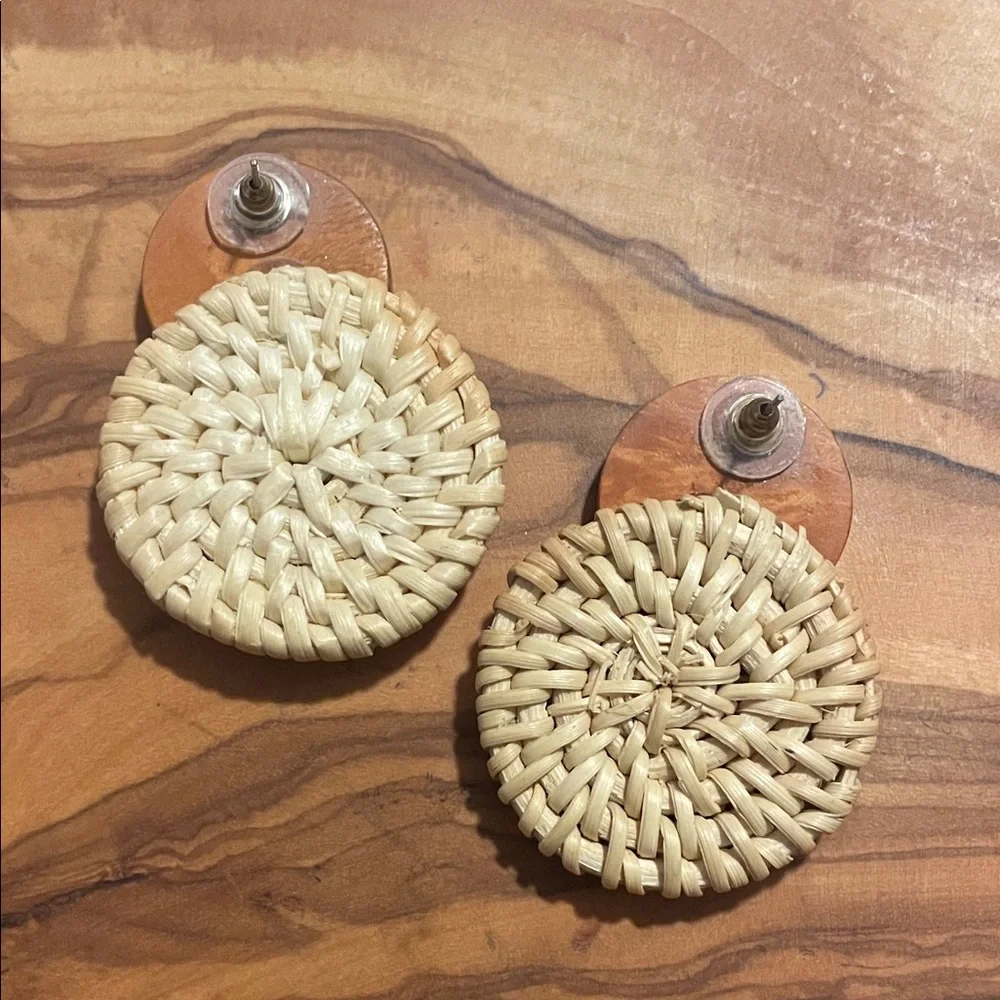Wood and Woven Rattan Earrings